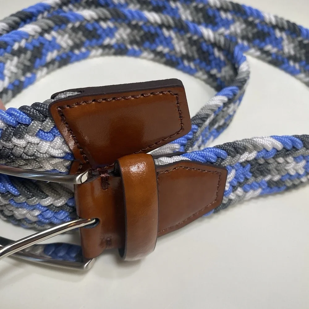 Men's Italian‎ Leather Multi Braided Woven Belt Blue White Grey Sz 40